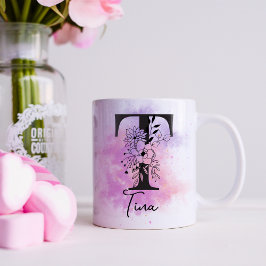 Rosa Lila Blommig Svart Bokstav Monogram T Kaffemugg