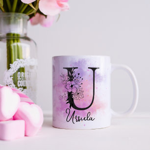 Rosa Lila Blommig Svart Bokstav Monogram U Kaffemugg