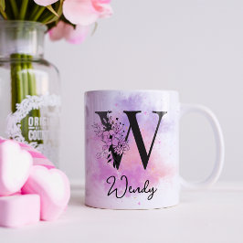 Rosa Lila Blommig Svart Bokstav Monogram W Kaffemugg