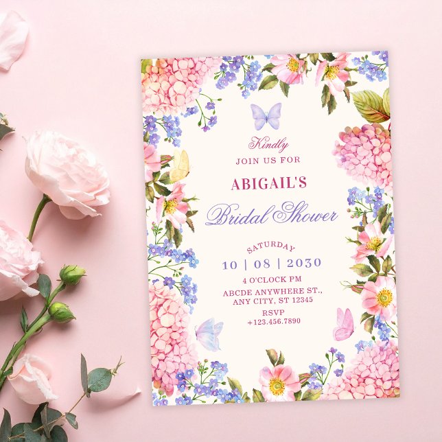 Rosa lila blommiga fjärilar bröllopsdusch inbjudningar (Skapare uppladdad)