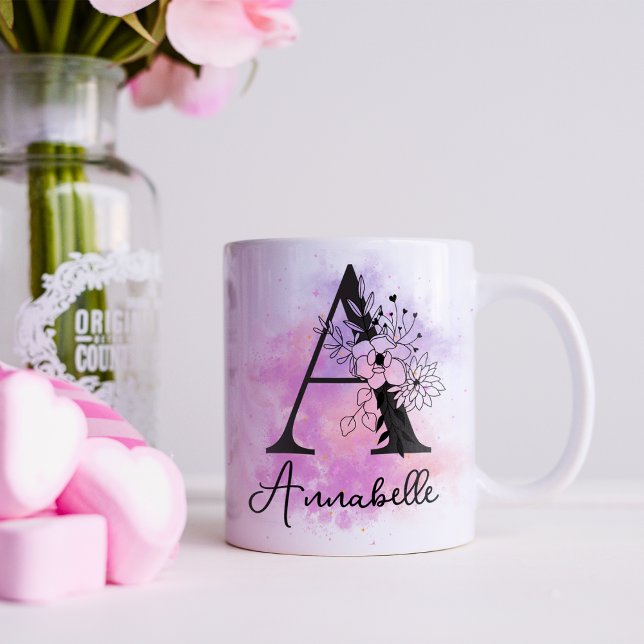 Rosa Lila Blommigt Black Brev Monogram A Kaffemugg (Skapare uppladdad)