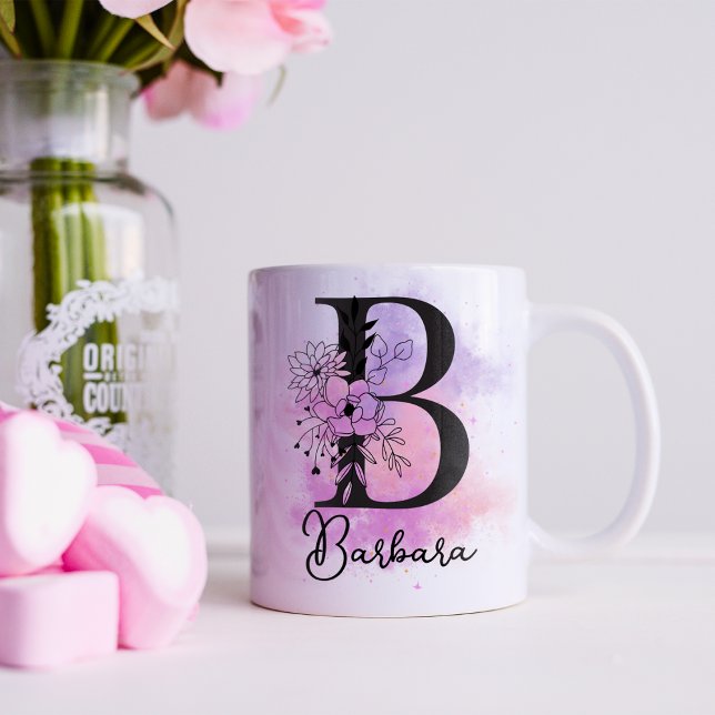 Rosa Lila Blommigt Black Brev Monogram B Kaffemugg (Skapare uppladdad)