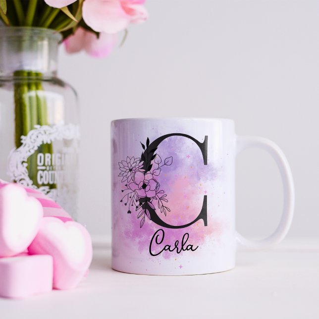 Rosa Lila Blommigt Black Brev Monogram C Kaffemugg (Skapare uppladdad)