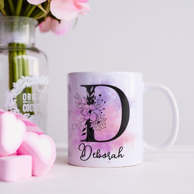 Rosa Lila Blommigt Black Brev Monogram D Kaffemugg (Skapare uppladdad)