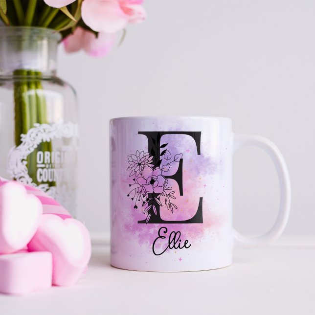 Rosa Lila Blommigt Black Brev Monogram E Kaffemugg (Skapare uppladdad)