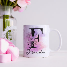 Rosa Lila Blommigt Black Brev Monogram F Kaffemugg