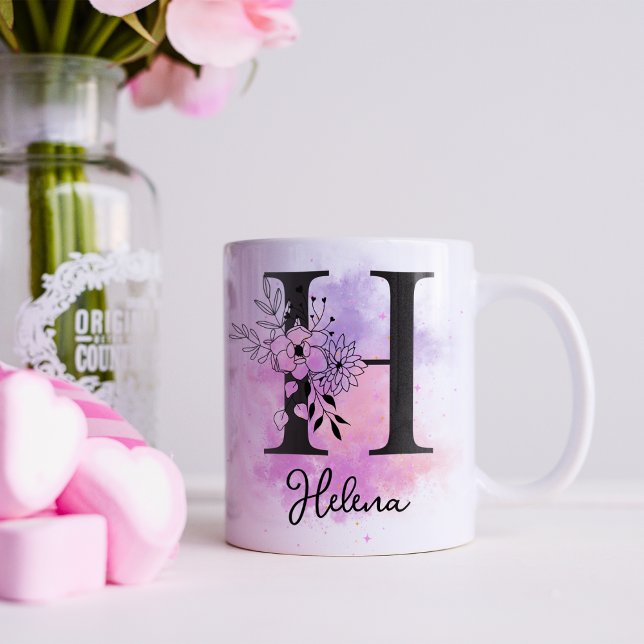 Rosa Lila Blommigt Black Brev Monogram H Kaffemugg (Skapare uppladdad)