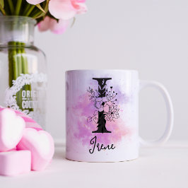 Rosa Lila Blommigt Black Brev Monogram I Kaffemugg