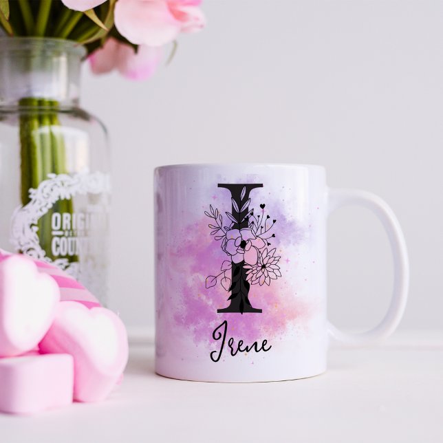 Rosa Lila Blommigt Black Brev Monogram I Kaffemugg (Skapare uppladdad)