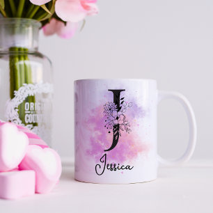Rosa Lila Blommigt Black Brev Monogram J Kaffemugg