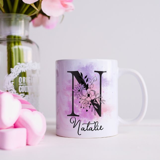 Rosa Lila Blommigt Black Brev Monogram N-kaffe Kaffemugg (Skapare uppladdad)
