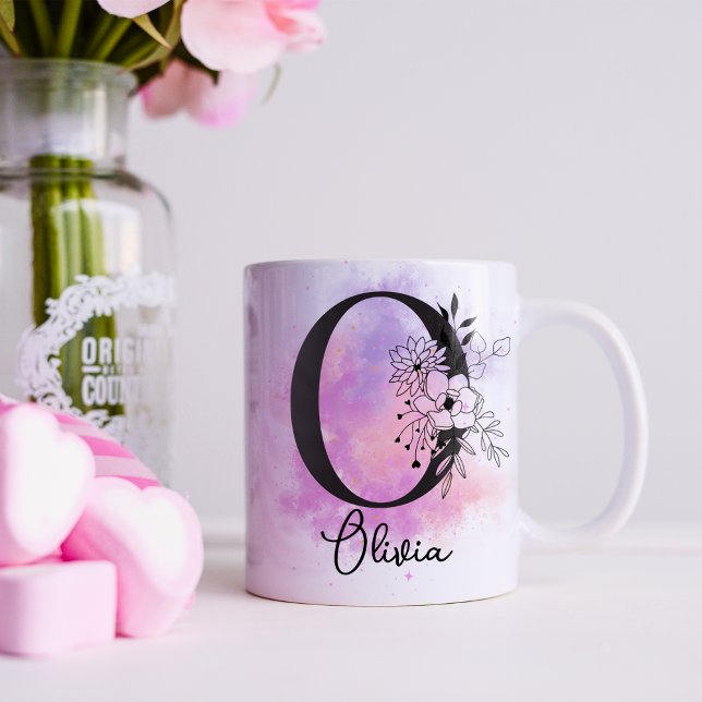 Rosa Lila Blommigt Black Brev Monogram O Kaffe Kaffemugg (Skapare uppladdad)