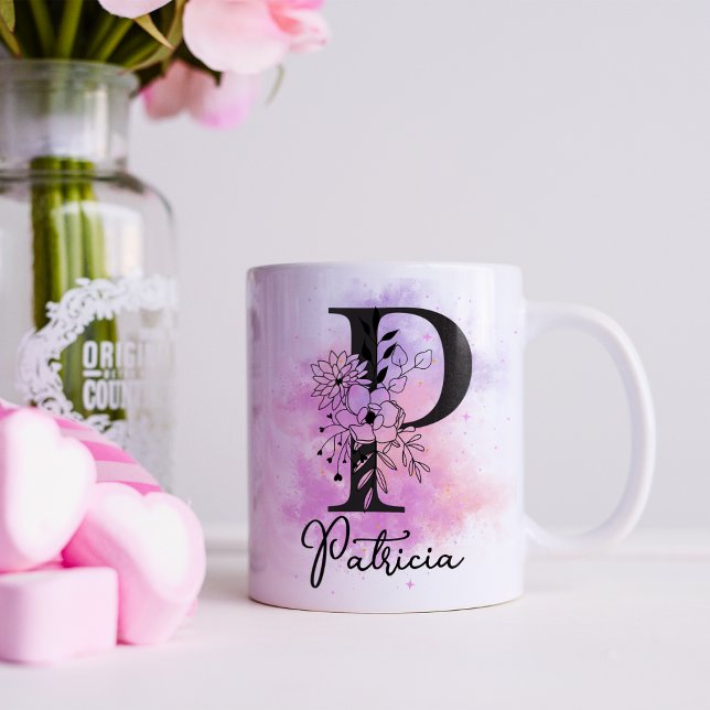 Rosa Lila Blommigt Black Brev Monogram P Kaffemugg (Skapare uppladdad)