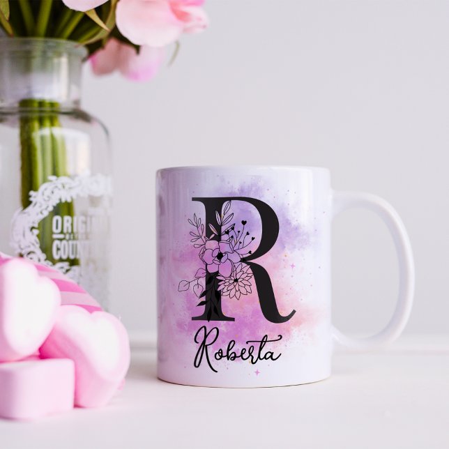 Rosa Lila Blommigt Black Brev Monogram R Kaffemugg (Skapare uppladdad)