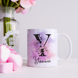 Rosa Lila Blommigt Black Brev Monogram Y Kaffemugg