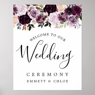 Rosa Lila Blommigt Bröllop Ceremony Välkomstskylt Poster