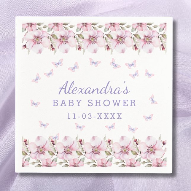 Rosa Lila Blommigt Butterfly Baby Shower Pappersservett (Skapare uppladdad)