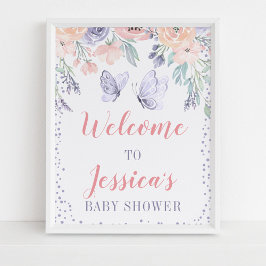 Rosa Lila Blommigt Butterfly Baby Shower Sign Sign Poster