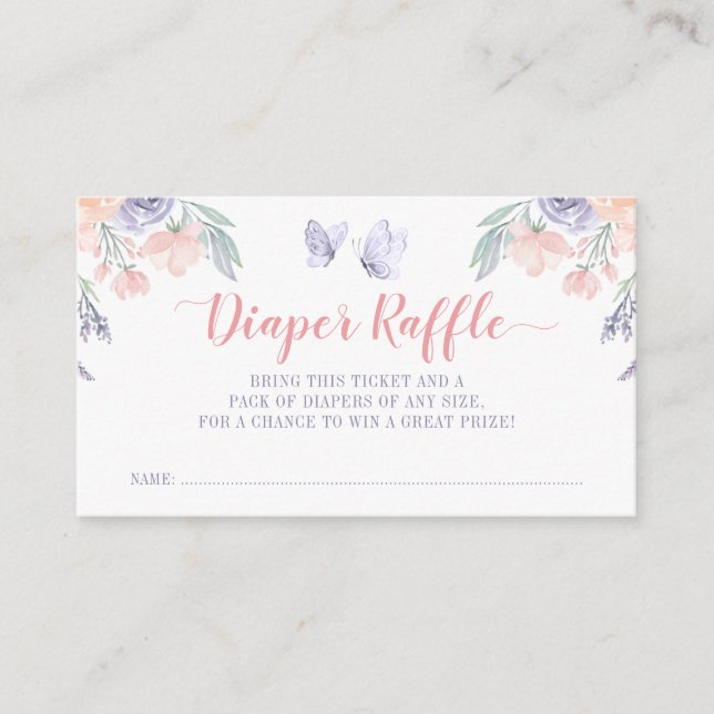 Rosa Lila Blommigt Butterfly Diaper Raffle Biljett Tilläggskort (Framsida)