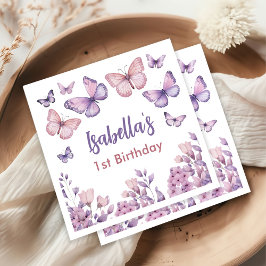 Rosa Lila Blommigt Butterfly Girl 1st Birthday Pappersservett
