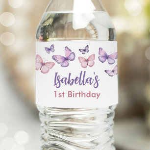Rosa Lila Blommigt Butterfly Girl 1st Birthday Vattenflaskor Etikett
