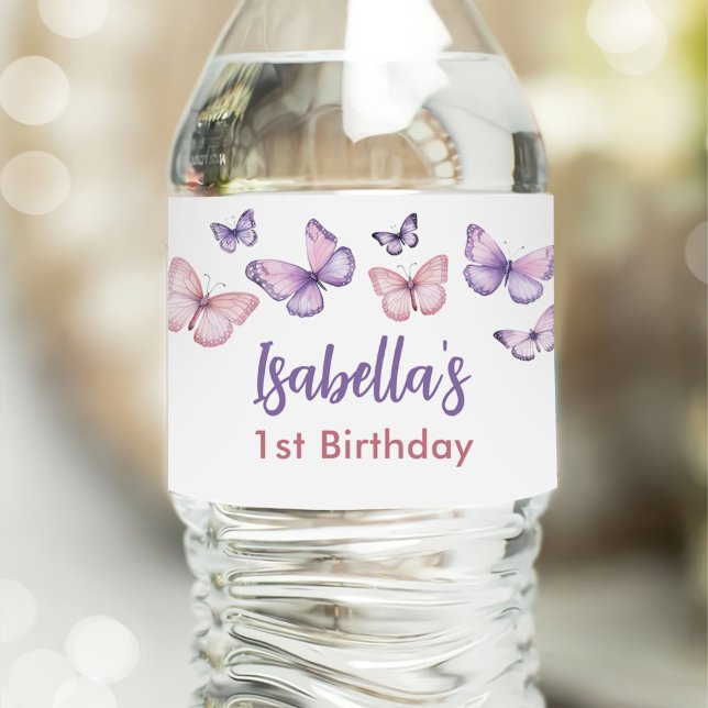 Rosa Lila Blommigt Butterfly Girl 1st Birthday Vattenflaskor Etikett (Skapare uppladdad)
