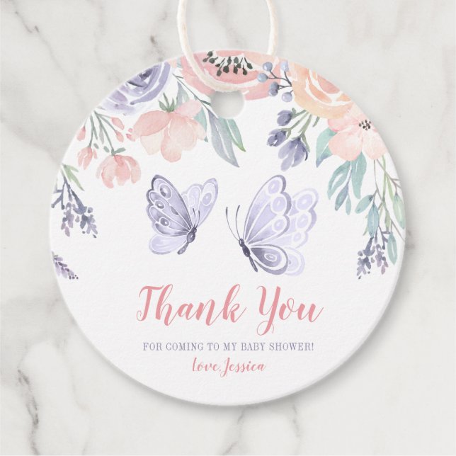 Rosa Lila Blommigt Butterfly Girl Baby Shower Gåvor Etiketter (Framsida)