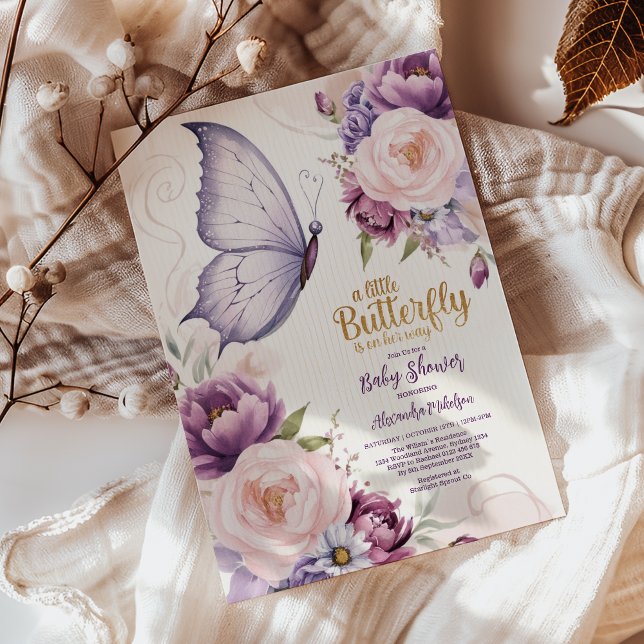 Rosa Lila Blommigt Butterfly Girl Baby Shower Inbjudningar (Skapare uppladdad)