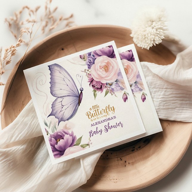 Rosa Lila Blommigt Butterfly Girl Baby Shower Pappersservett (Skapare uppladdad)