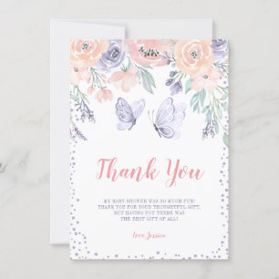 Rosa Lila Blommigt Butterfly Girl Baby Shower Tack Kort