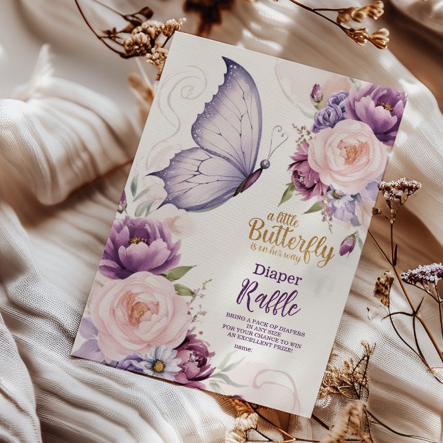 Rosa Lila Blommigt Butterfly Girl Diapper Raffle Tilläggskort (Skapare uppladdad)
