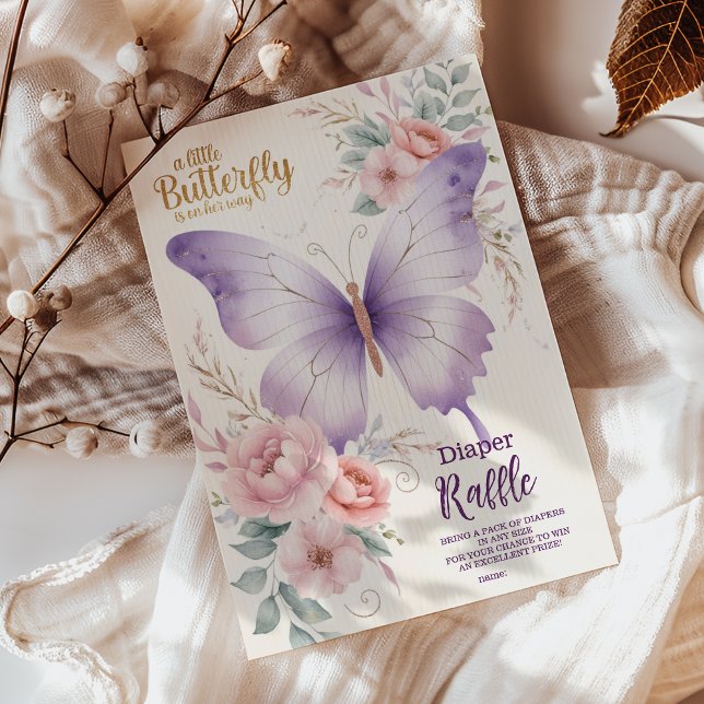 Rosa Lila Blommigt Butterfly Girl Diapper Raffle Tilläggskort (Skapare uppladdad)