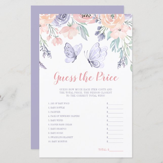 Rosa Lila Blommigt Butterfly Gissa Prist spel (Fram/baksida)