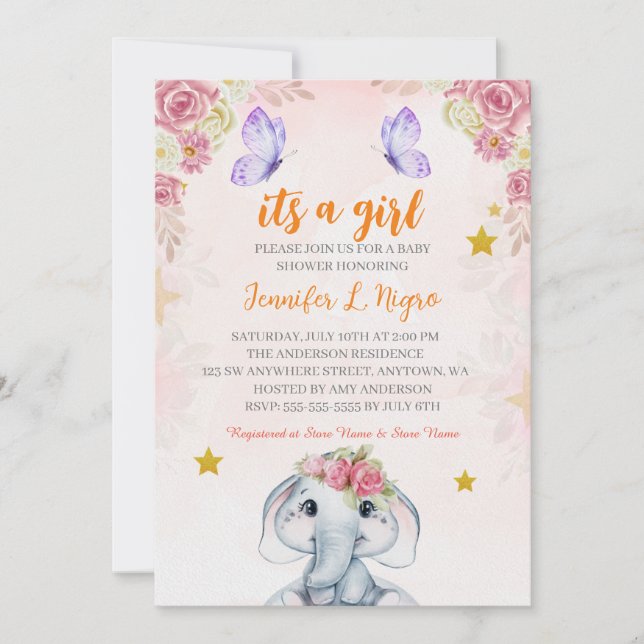 Rosa Lila Blommigt Butterfly OCH elofant Inbjudningar (Framsida)