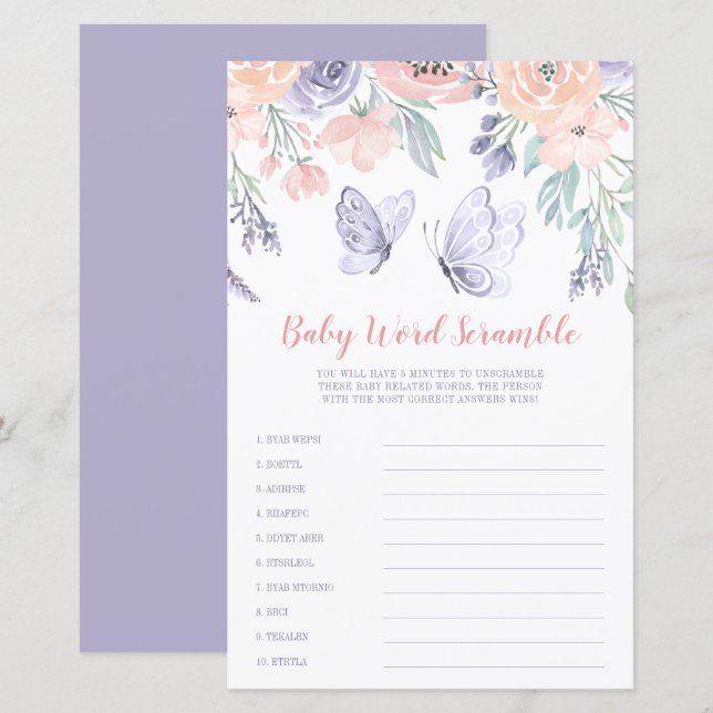 Rosa Lila Blommigt Butterfly Ord Scramble Game (Fram/baksida)