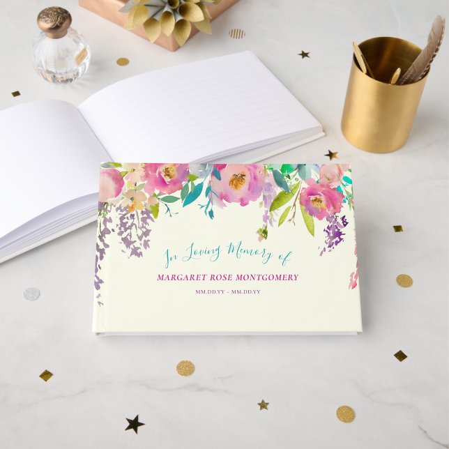 Rosa Lila Blommigt för vattenfärg i flytande minne Gästböcker (Framsida öppen)