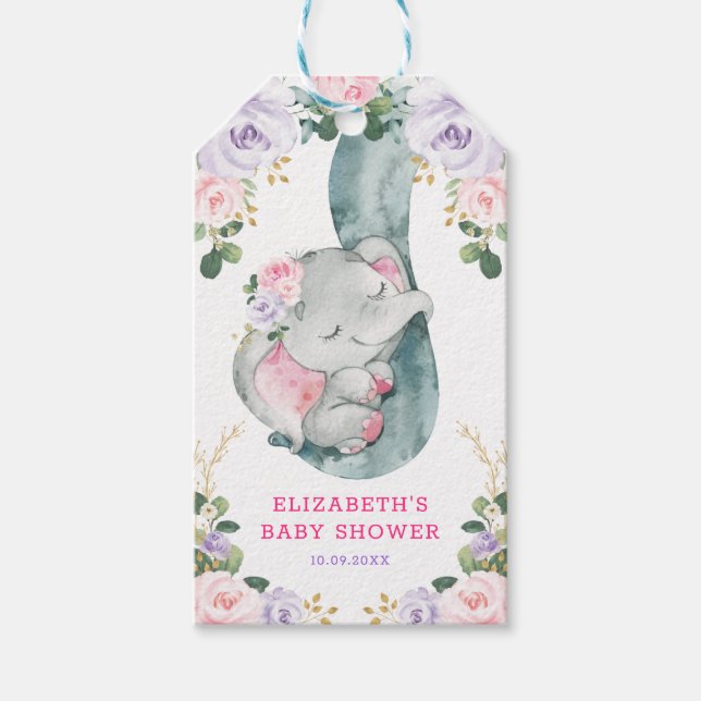 Rosa Lila Blommigt Greenery Elephant Baby Shower Presentetikett (Framsidan)