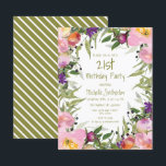 Rosa Lila Blommigt Grönt  Löv 21:a födelsedag Kort<br><div class="desc">Rosa och lila blommigt och sage och oliv grönt löv på vit 21-dagars inbjudan till kvinnor. Baksidan av detta kort har oliv grönt och vitt rand. Kontakta oss om du behöver hjälp med anpassning eller om du vill begära matchande produkter.</div>