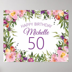 Rosa Lila Blommigt Grönt Löv 50:e födelsedagen Poster