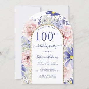 Rosa Lila Blommigt Guld Arch 100:e Födelsedagsfest Inbjudningar