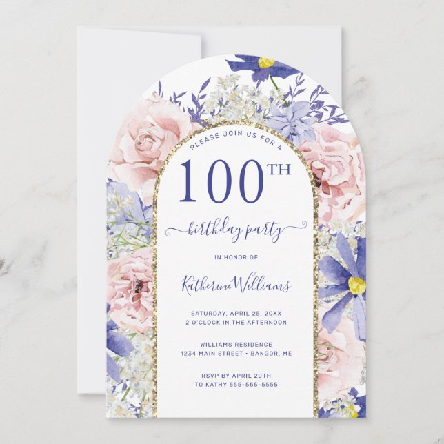 Rosa Lila Blommigt Guld Arch 100:e Födelsedagsfest Inbjudningar (Framsida)