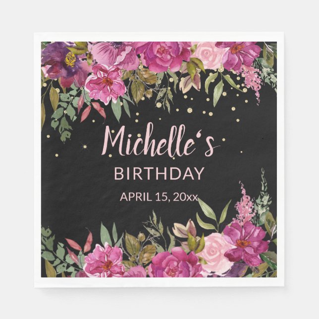 Rosa Lila Blommigt Guld Glitter Svarta födelsedag Pappersservett (Framsidan)