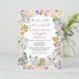 Rosa Lila Blommigt Jungle Animals Girl Baby Shower Inbjudningar
