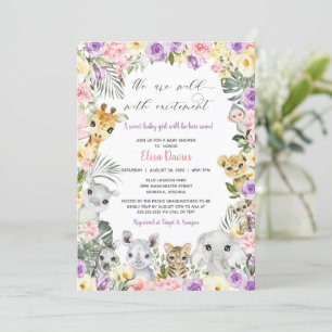 Rosa Lila Blommigt Jungle Animals Girl Baby Shower Inbjudningar