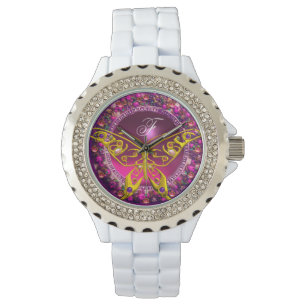 ROSA LILA BLOMMIGT KRONA GULD BUTTERFLY ,GEMSTONER ARMBANDSUR