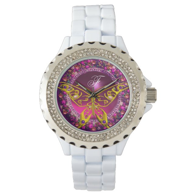 ROSA LILA BLOMMIGT KRONA GULD BUTTERFLY ,GEMSTONER ARMBANDSUR (Framsida)