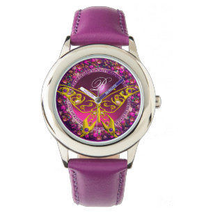ROSA LILA BLOMMIGT KRONA GULD BUTTERFLY ,GEMSTONER ARMBANDSUR