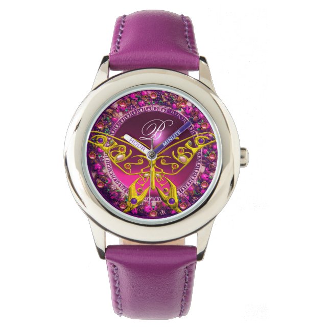 ROSA LILA BLOMMIGT KRONA GULD BUTTERFLY ,GEMSTONER ARMBANDSUR (Framsida)