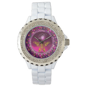ROSA LILA BLOMMIGT KRONA GULD BUTTERFLY ,GEMSTONER ARMBANDSUR
