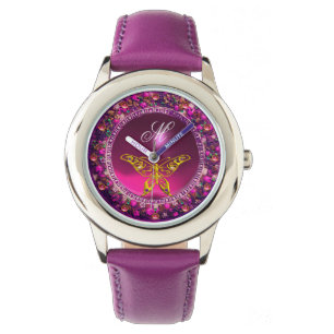 ROSA LILA BLOMMIGT KRONA GULD BUTTERFLY ,GEMSTONER ARMBANDSUR